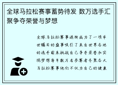 全球马拉松赛事蓄势待发 数万选手汇聚争夺荣誉与梦想